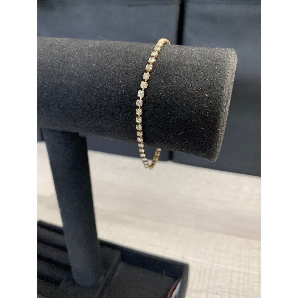 Gold Tone Clear Crystal Tennis Bracelet 7 Inch Spring Ring Clasp